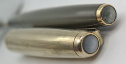 ITEM #6825R: PARKER 61 FOUNTAIN PEN IN GREY. GOLD FILLED TRIM. CAPILLARY FILLING SYSTEM. DOUBLE JEWEL.ITALLIC LEFT OBLIQUE NIB IN EXTRA BROAD. MADE IN ENGLAND. 